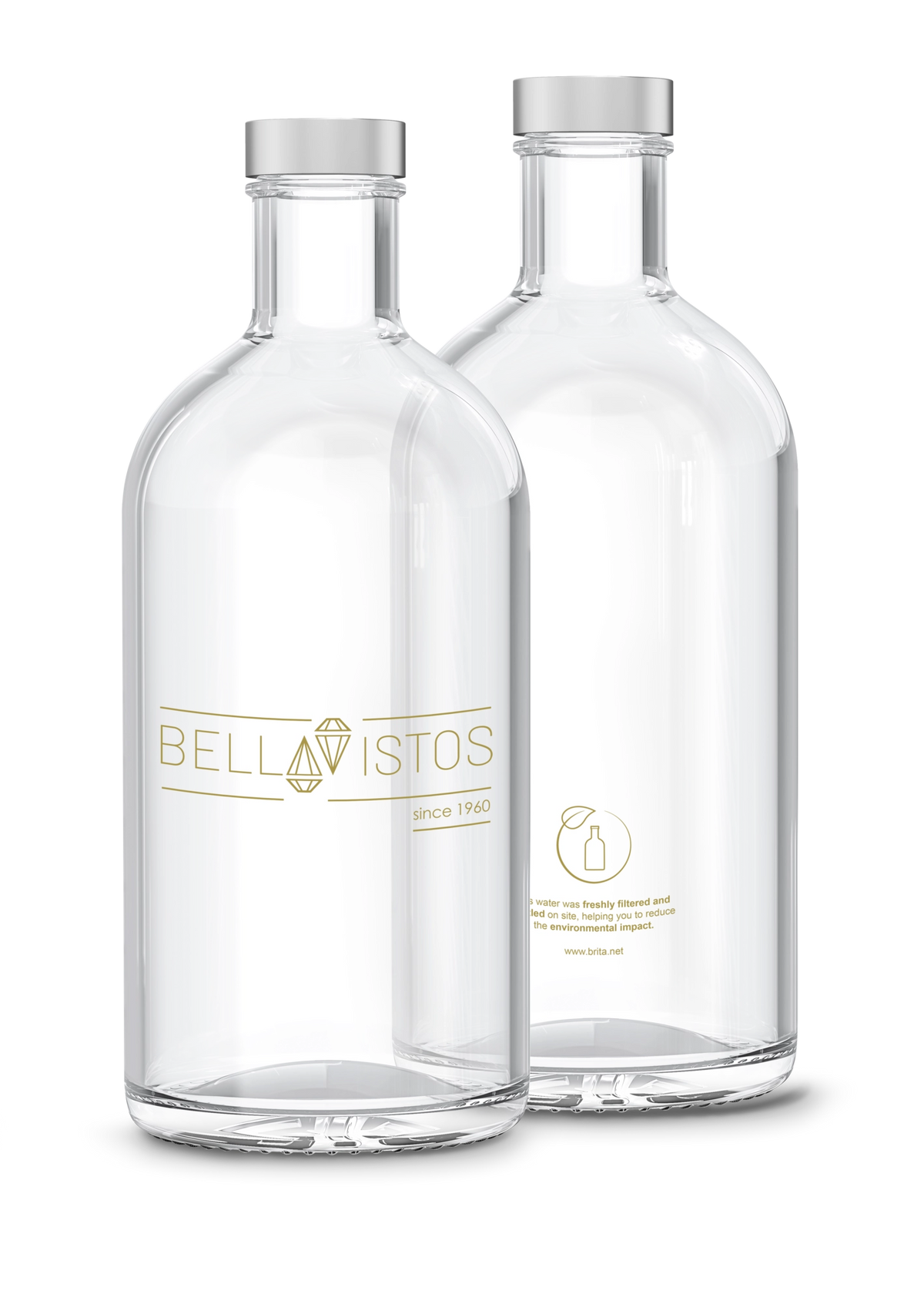 Two BRITA Lounge bottles with silver lids on a white background with customer logos.
