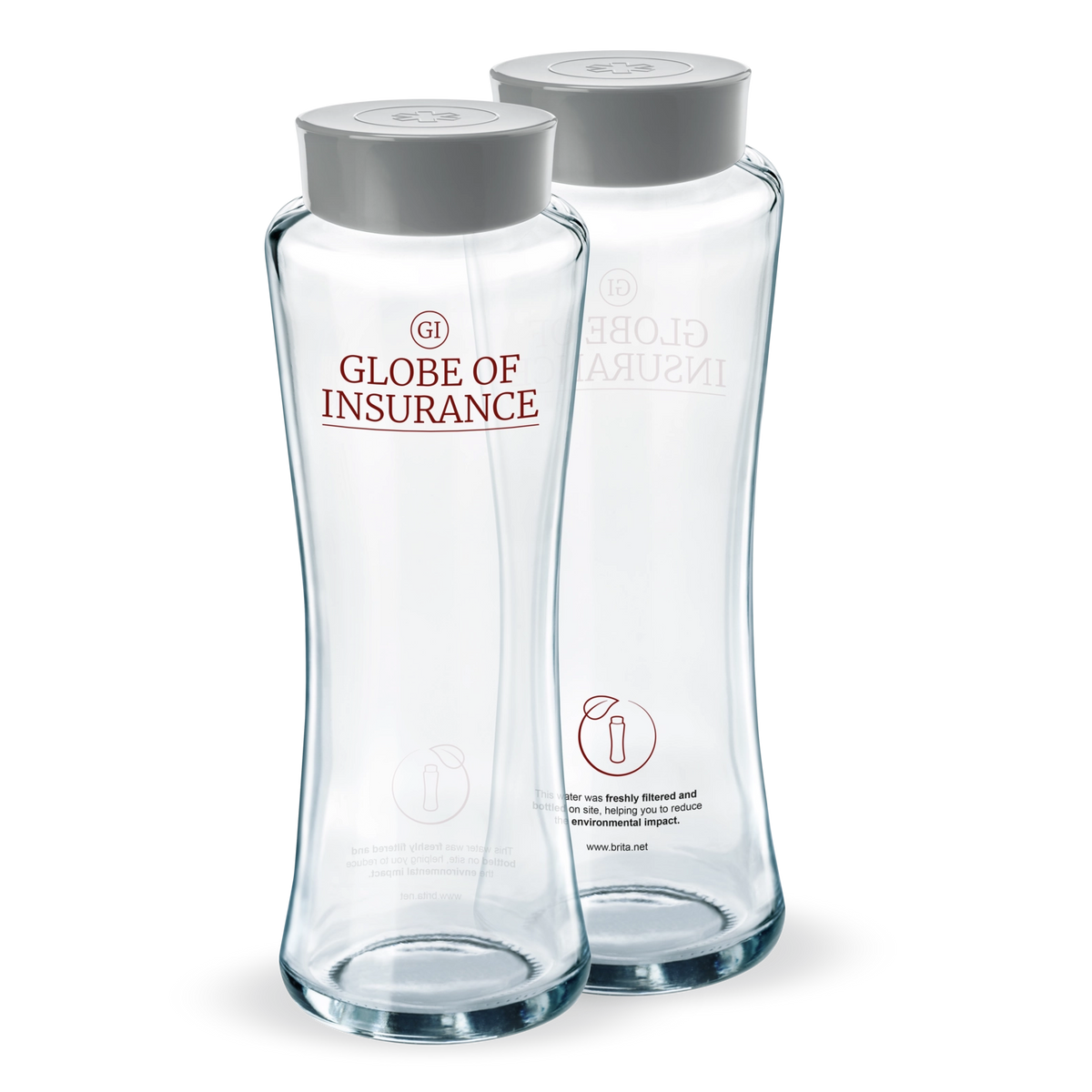 Two BRITA Twist bottles with gray lids on a white background.