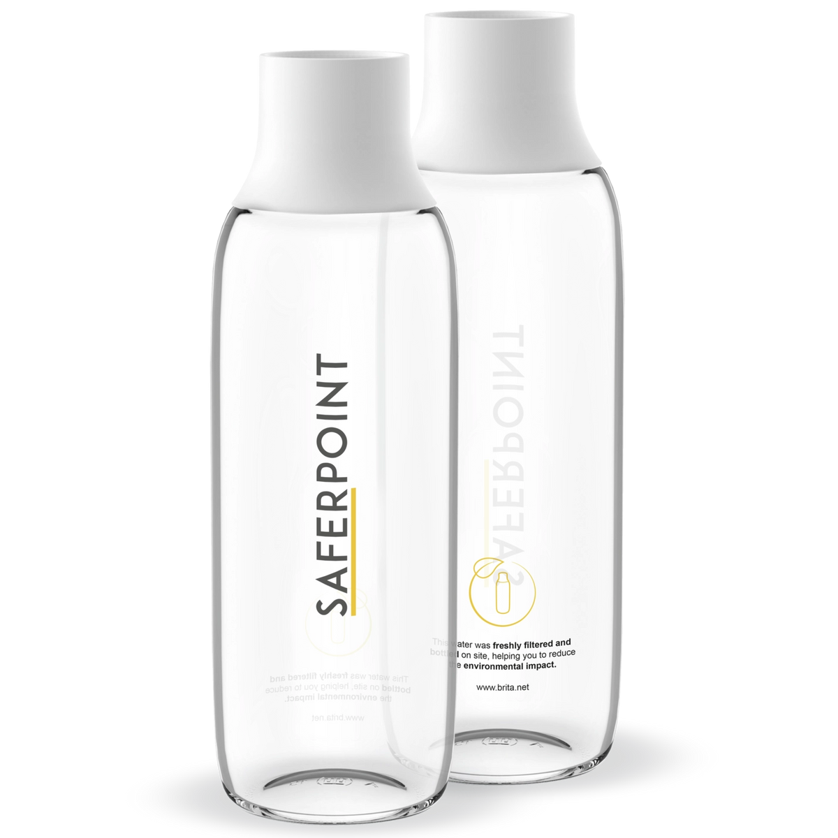 Two BRITA Wave bottles with white caps and customer logo.