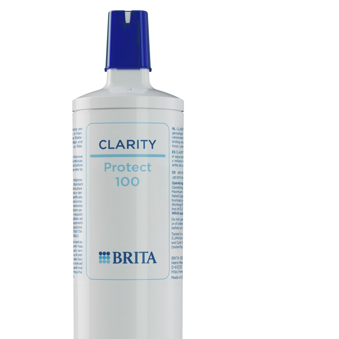 BRITA CLARITY Protect filter with a blue cap on a clear background.